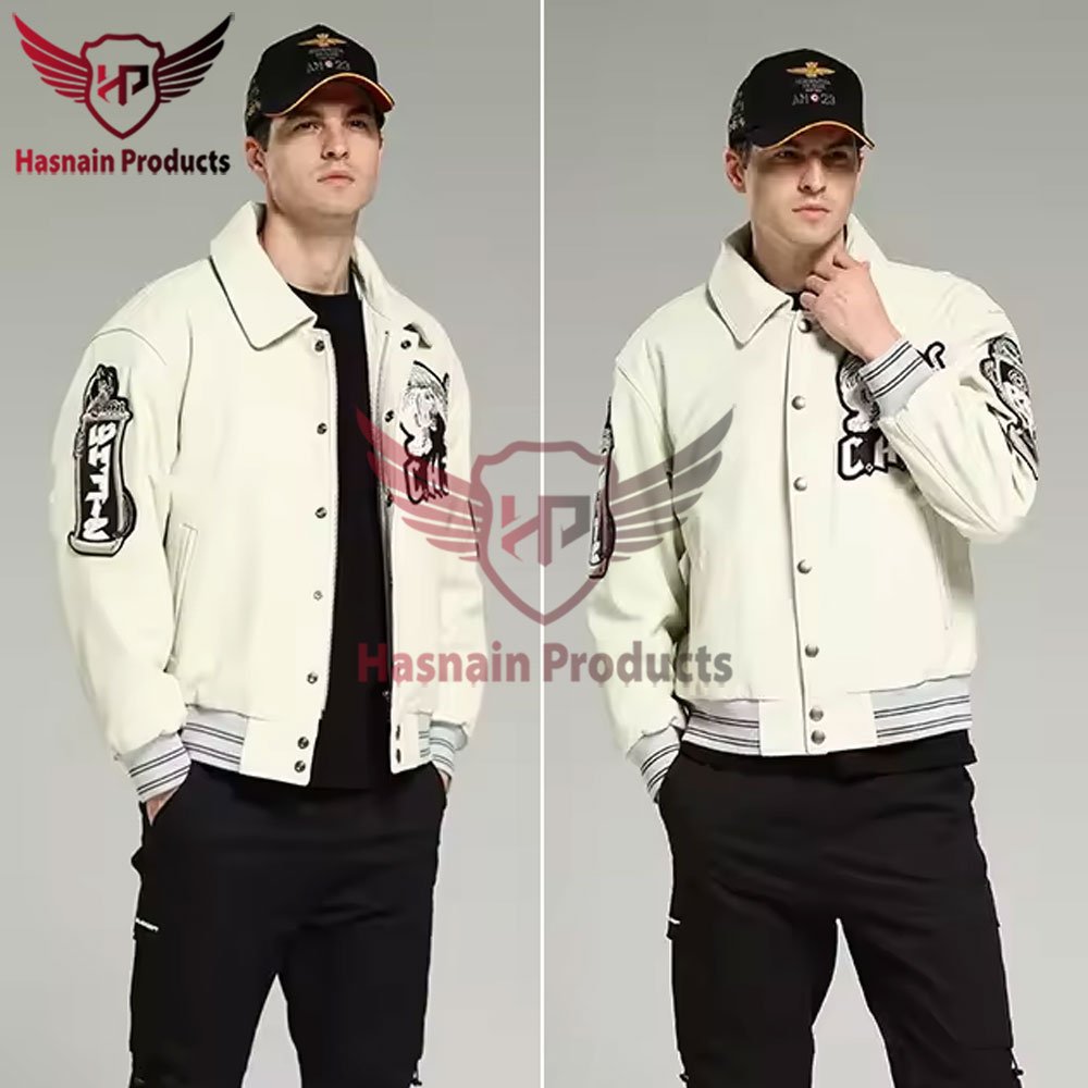 Premium Quality OEM Stylish Hot Sale Men's Pure Leather Jacket - Cheap Winter White Color Zipper Genuine Leather Bomber