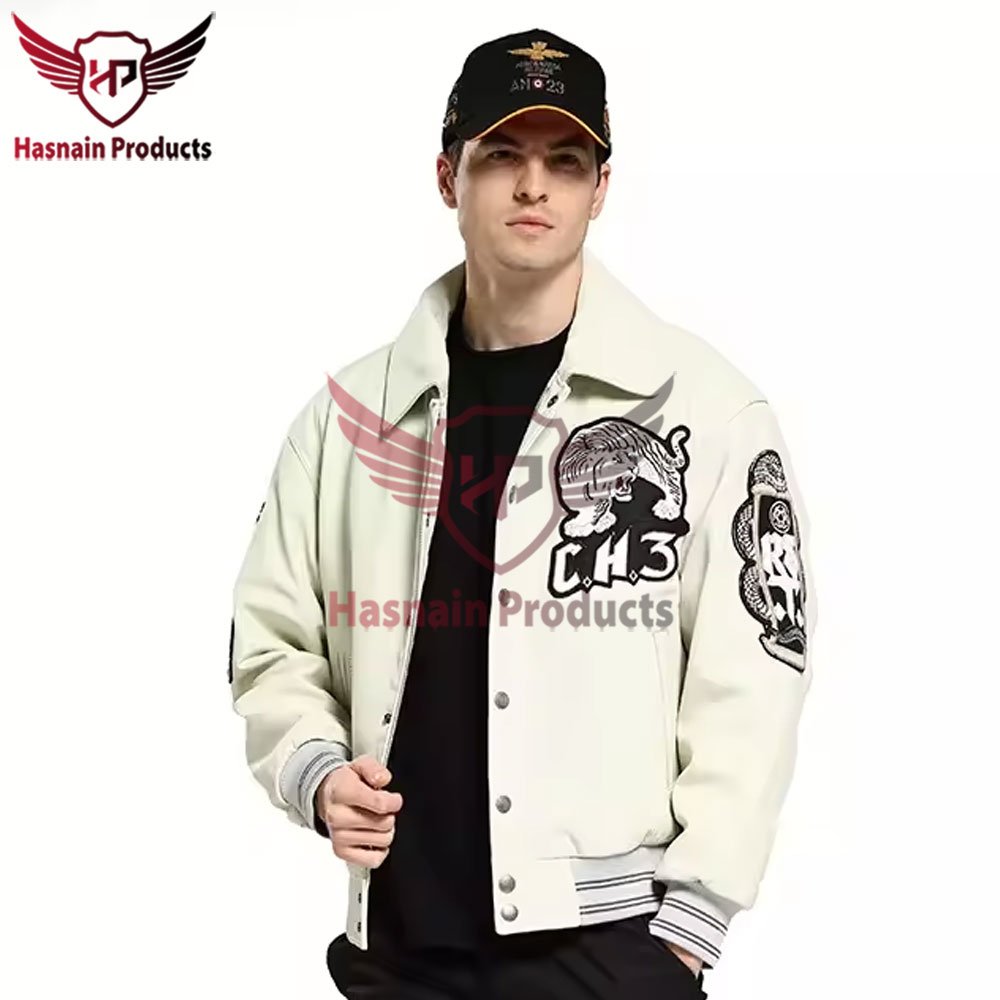Premium Quality OEM Stylish Hot Sale Men's Pure Leather Jacket - Cheap Winter White Color Zipper Genuine Leather Bomber