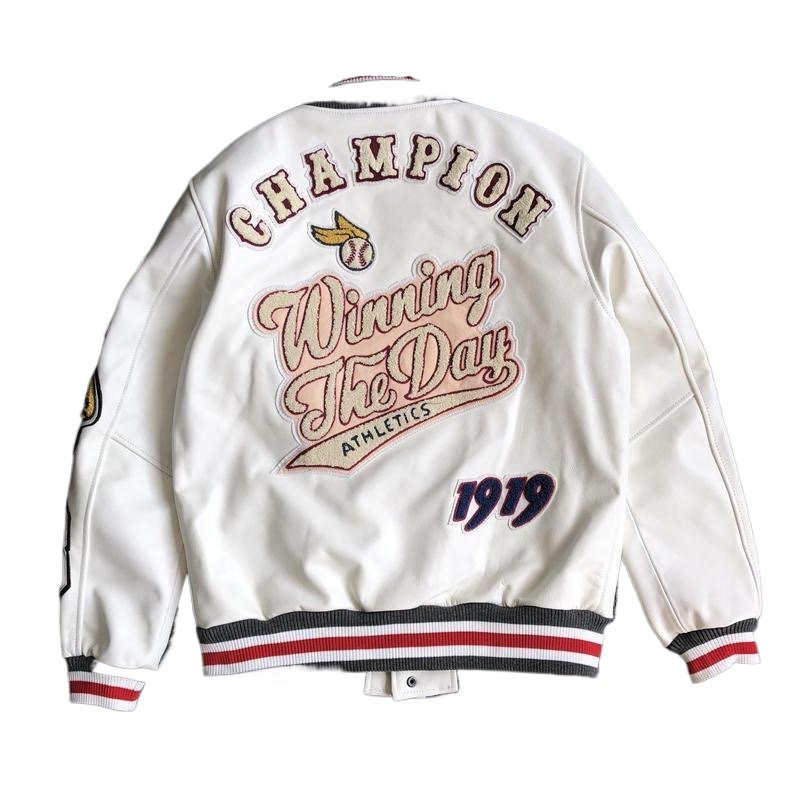 Men's Leather Baseball Jacket Autumn & Winter Long Sleeve PU Leather Coat Embroidered Top Jacquard