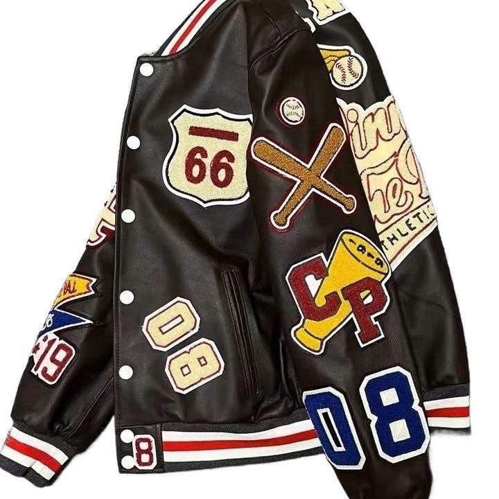 Men's Leather Baseball Jacket Autumn & Winter Long Sleeve PU Leather Coat Embroidered Top Jacquard