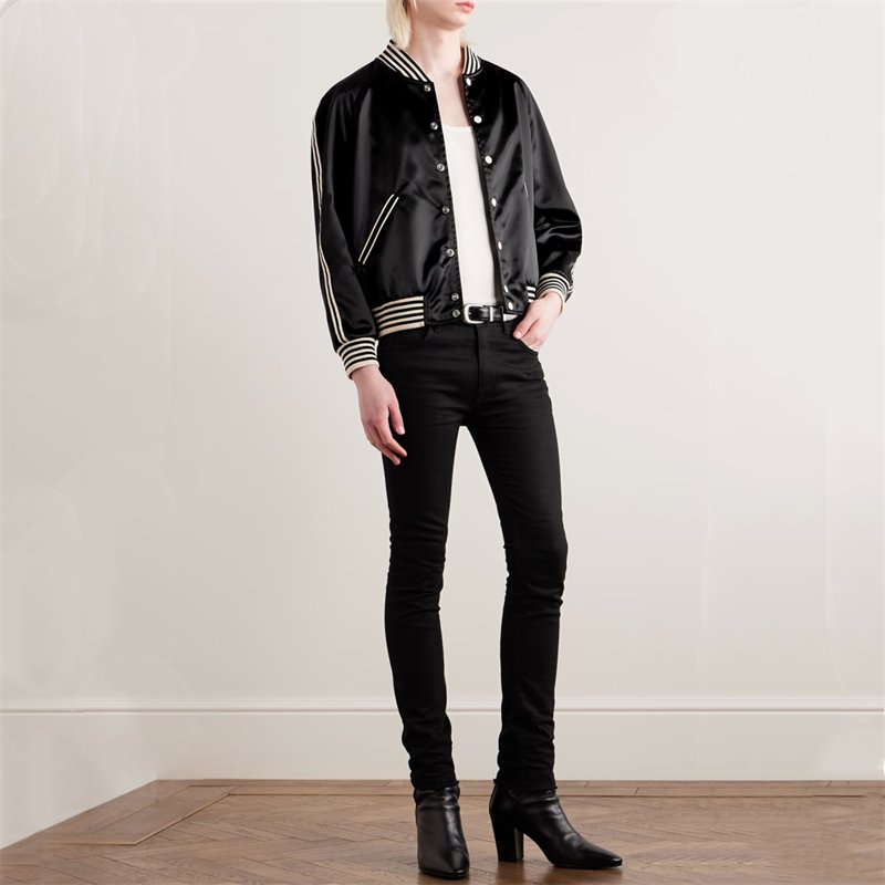 Extremely Popular Classic Casual Snap Fastenings Jacket Slim-fit Logo-embroidered Black White Satin Bomber Jacket for Men
