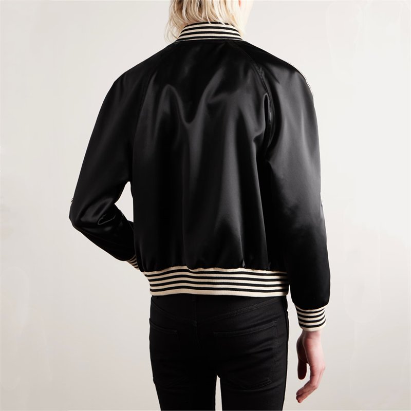 Extremely Popular Classic Casual Snap Fastenings Jacket Slim-fit Logo-embroidered Black White Satin Bomber Jacket for Men