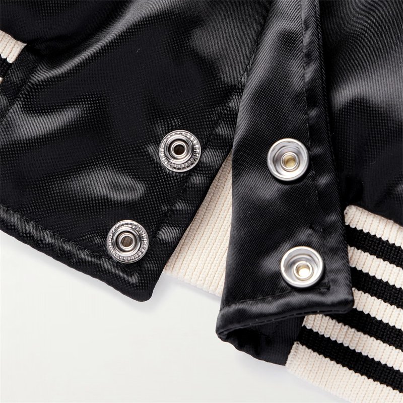 Extremely Popular Classic Casual Snap Fastenings Jacket Slim-fit Logo-embroidered Black White Satin Bomber Jacket for Men
