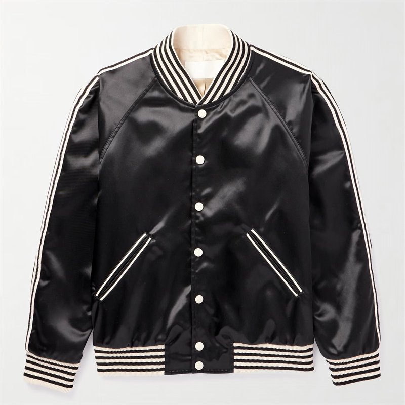 Extremely Popular Classic Casual Snap Fastenings Jacket Slim-fit Logo-embroidered Black White Satin Bomber Jacket for Men