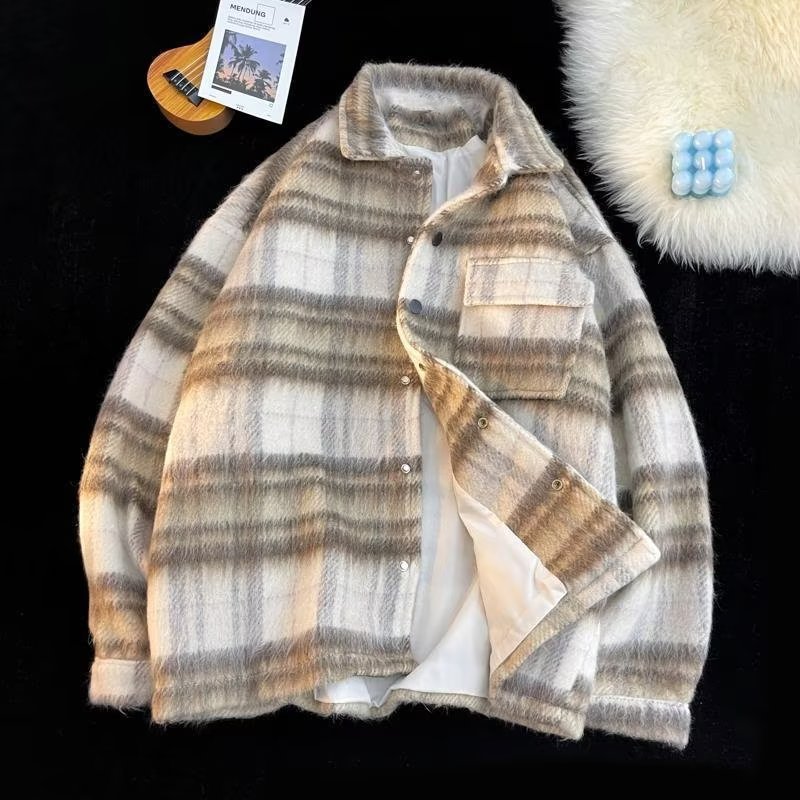 2024 New Design men's plaid single pocket woolen flannel shirt coat jacket