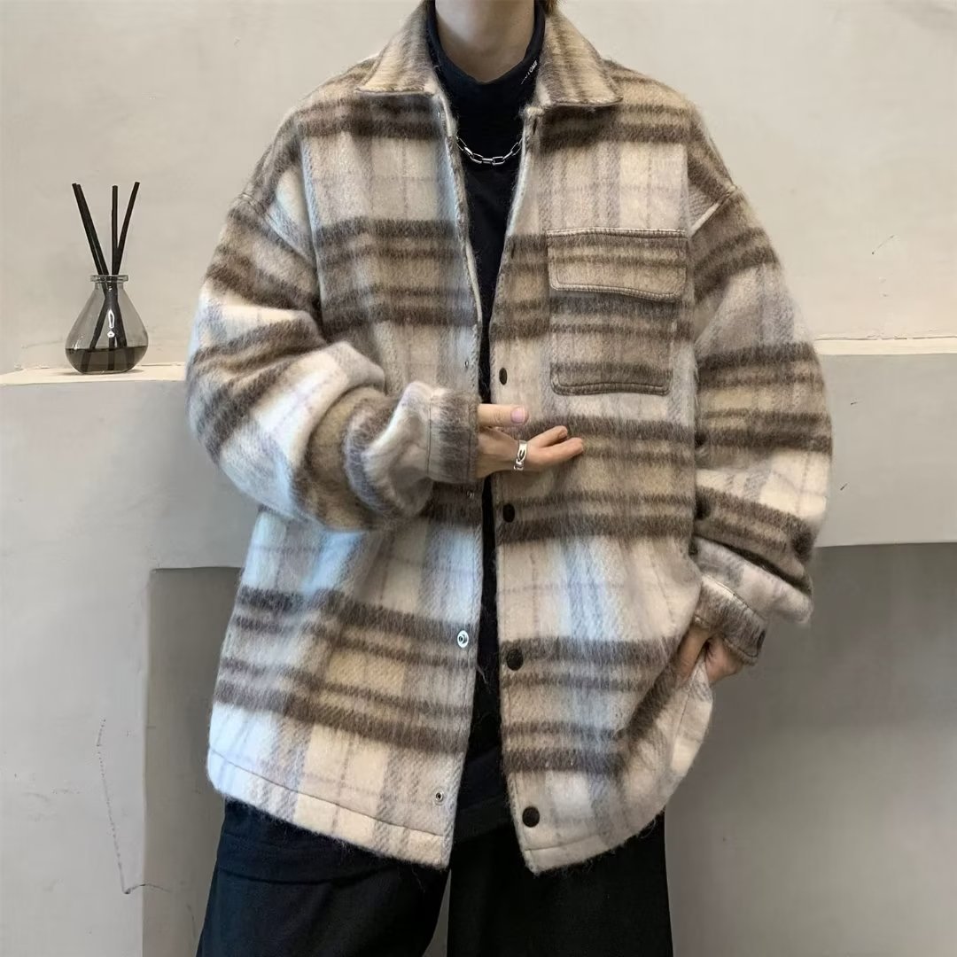 2024 New Design men's plaid single pocket woolen flannel shirt coat jacket