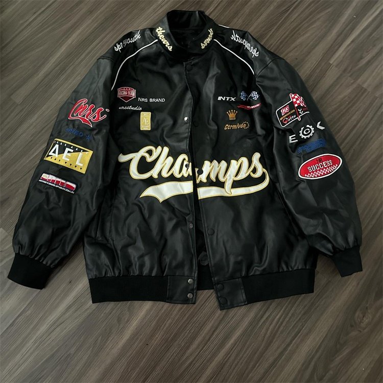 Spring men's new embroidered patch motorbike leather jacket with black