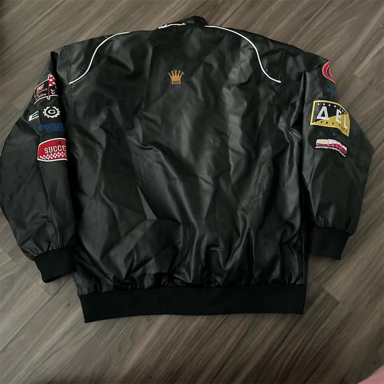 Spring men's new embroidered patch motorbike leather jacket with black