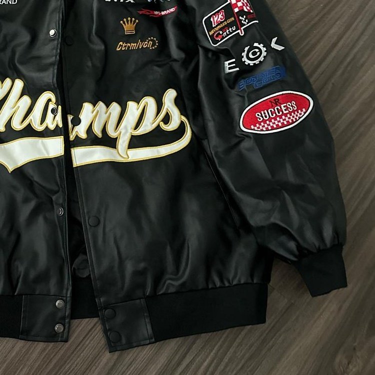 Spring men's new embroidered patch motorbike leather jacket with black