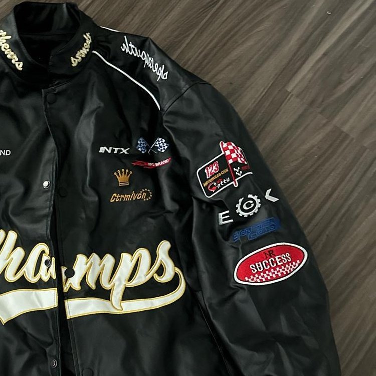 Spring men's new embroidered patch motorbike leather jacket with black
