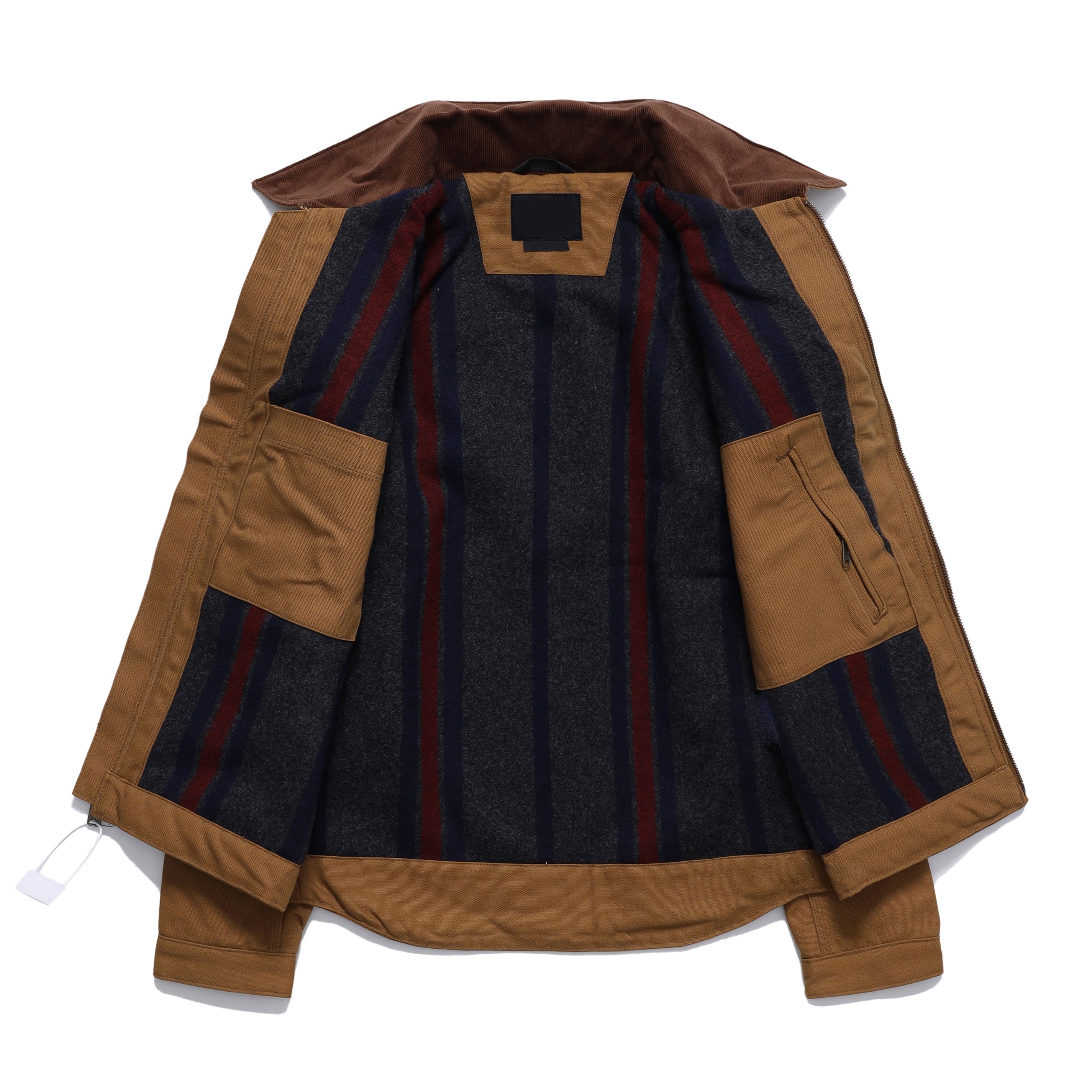 Custom Men Zipper UP Canvas Wool Lining men's Jacket Khaki Color Corduroy collar Autumn Winter Embroidery Custom Manufacturer