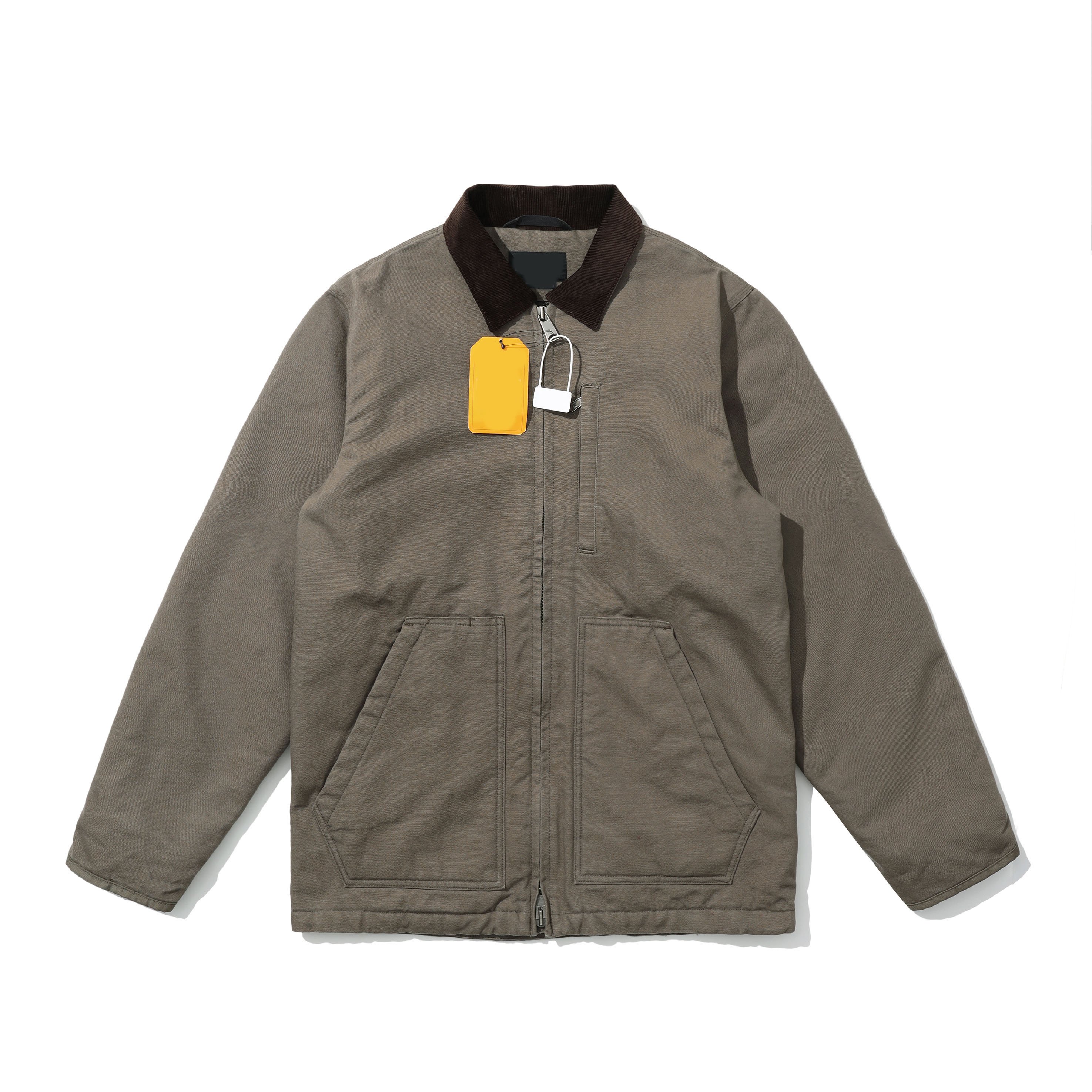 Custom Men Zipper UP Canvas Wool Lining men's Jacket Khaki Color Corduroy collar Autumn Winter Embroidery Custom Manufacturer