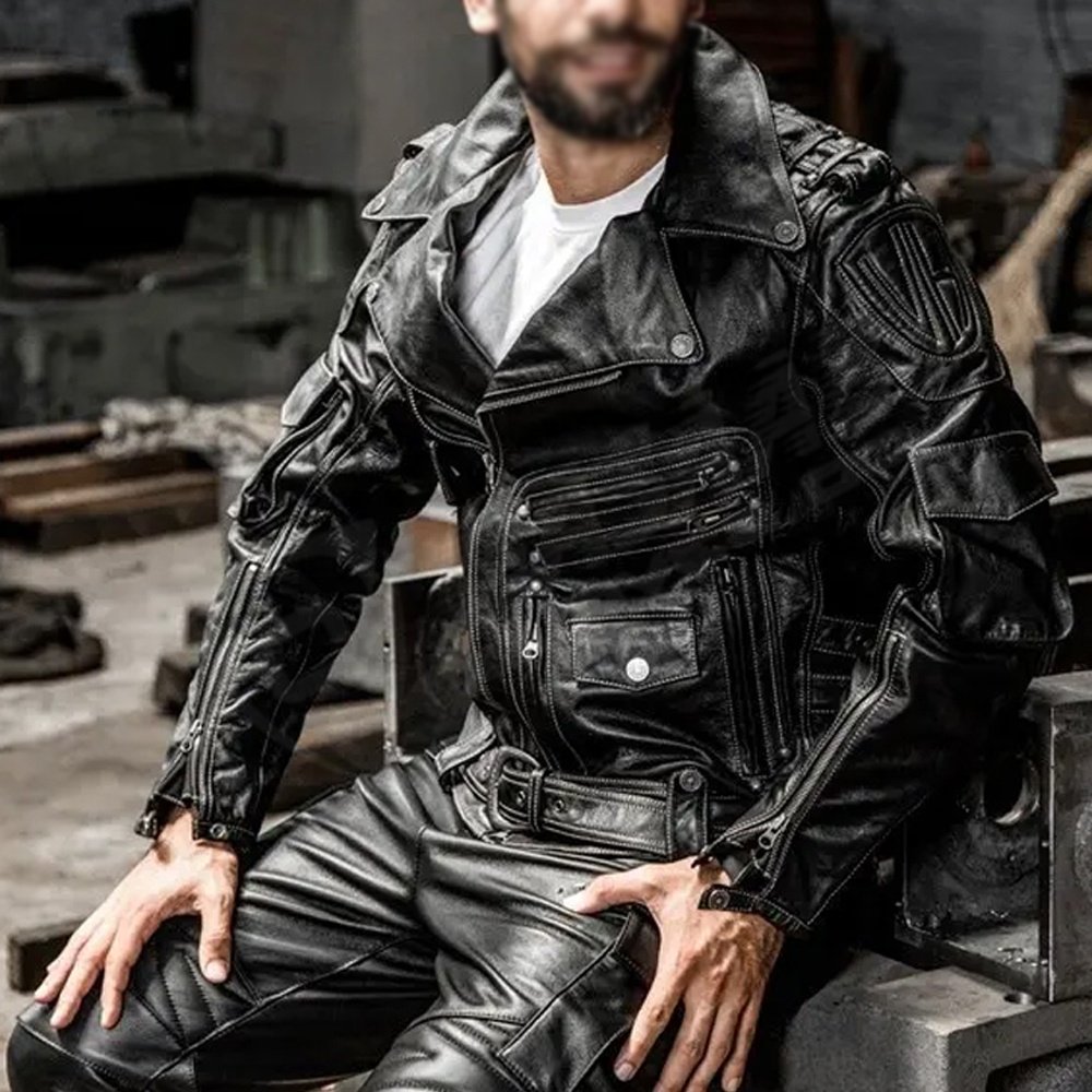 Casual Stand-Collar Genuine Cowhide Leather Men Motorcycle Fashion Leather Zip-Up Jacket For Ridding