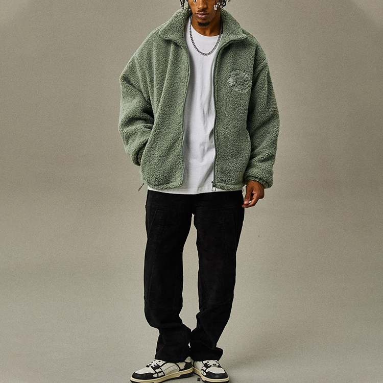 Factory Manufacturer Custom Stand Collar Men's Fleece Jacket Embroidery Zip Up Sherpa Fleece Jacket