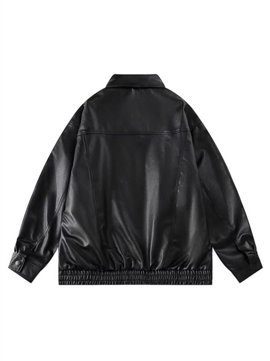 LAYENNE Men's Dyed PU Leather Jacket Plus Size Windproof Hip Hop Varsity with Woven Design Thick for Autumn