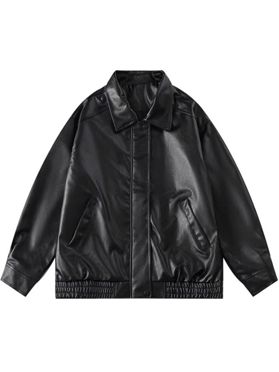 LAYENNE Men's Dyed PU Leather Jacket Plus Size Windproof Hip Hop Varsity with Woven Design Thick for Autumn