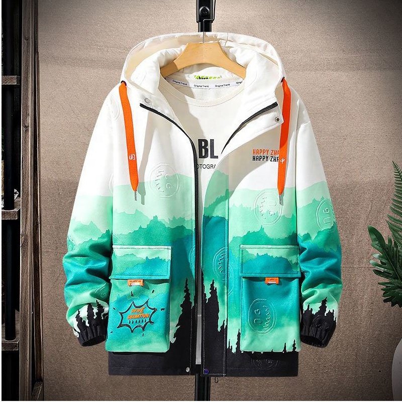 Custom Jacket Men's Self-cultivation Street Windbreaker Lapel Hoodie Autumn Wash Coat Hole Beggar Outfit Hip-hop Bomber Jacket