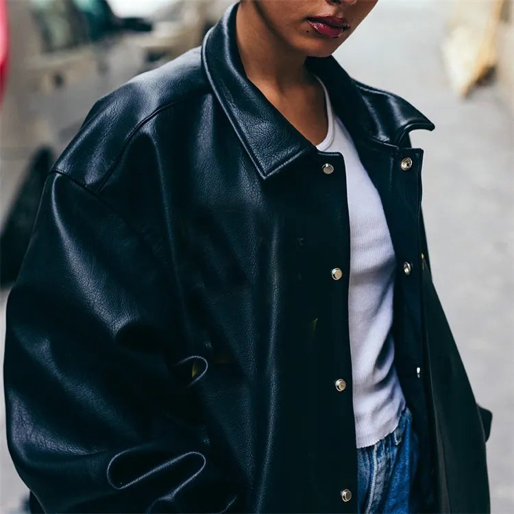 Custom embroidery logo high quality oversized hip hop leather jacket with buttons baseball bomber leather jacket for men