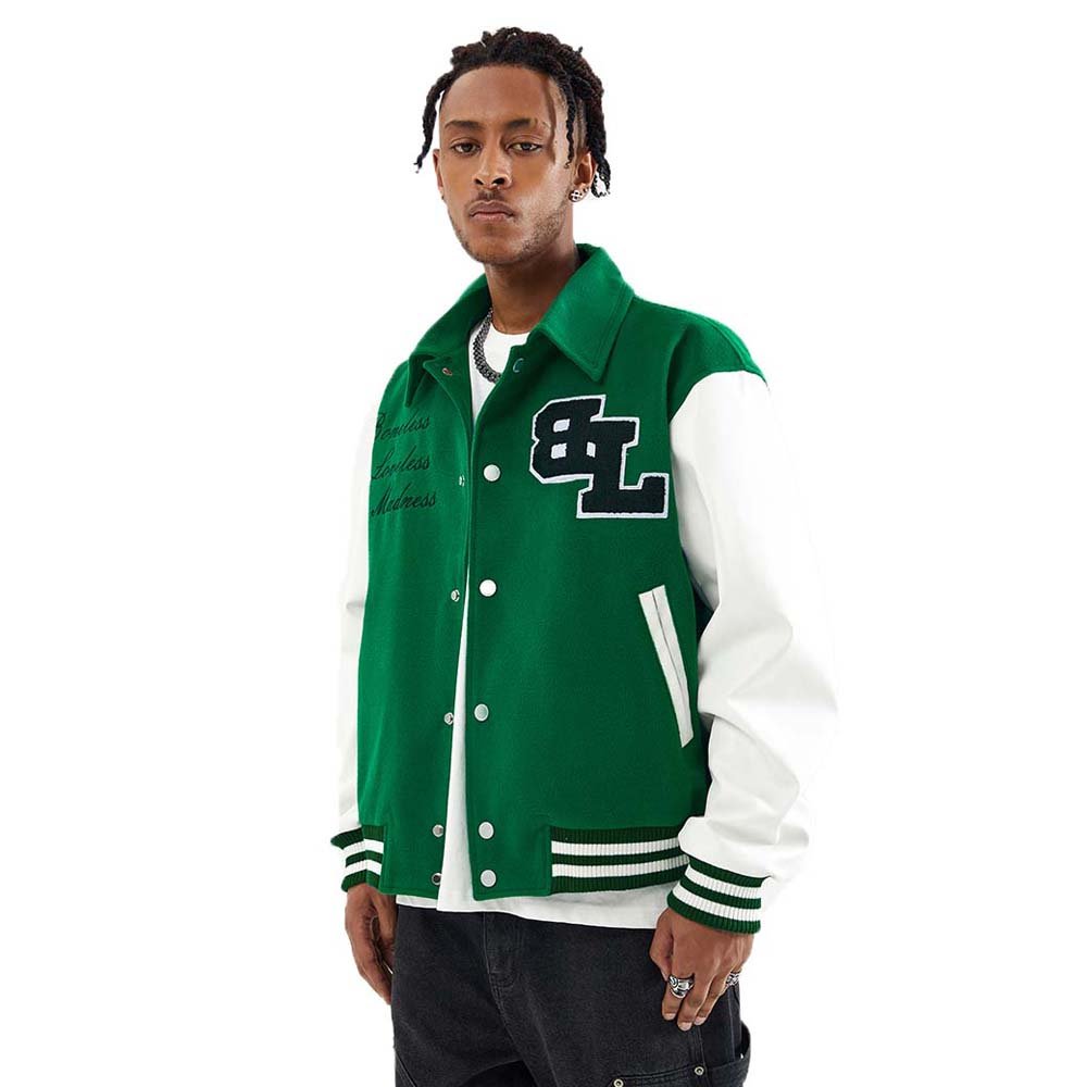 Fashion 100% cotton turn down collar varsity jacket applique baseball jacket men with pocket leather sleeve men's jacket