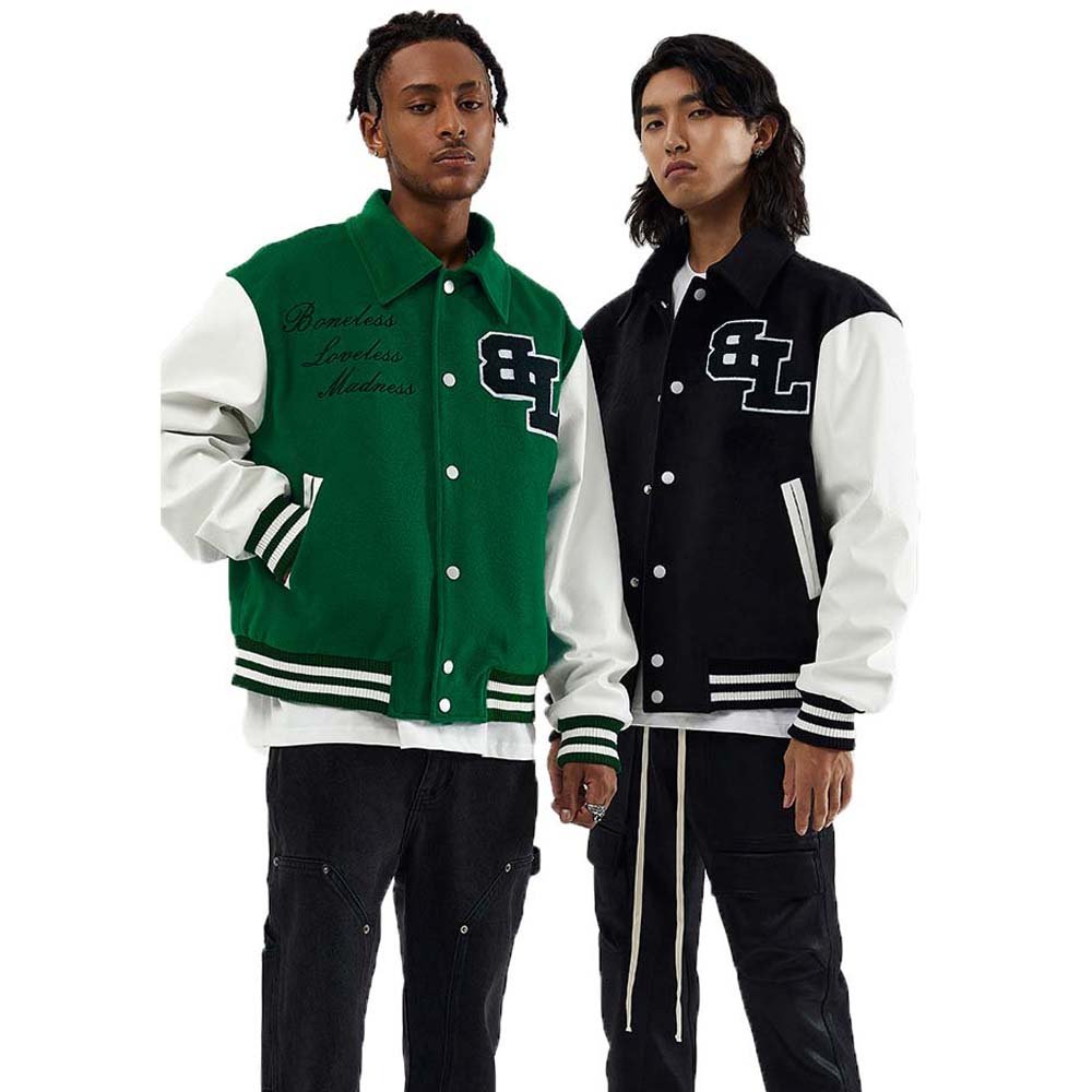 Fashion 100% cotton turn down collar varsity jacket applique baseball jacket men with pocket leather sleeve men's jacket
