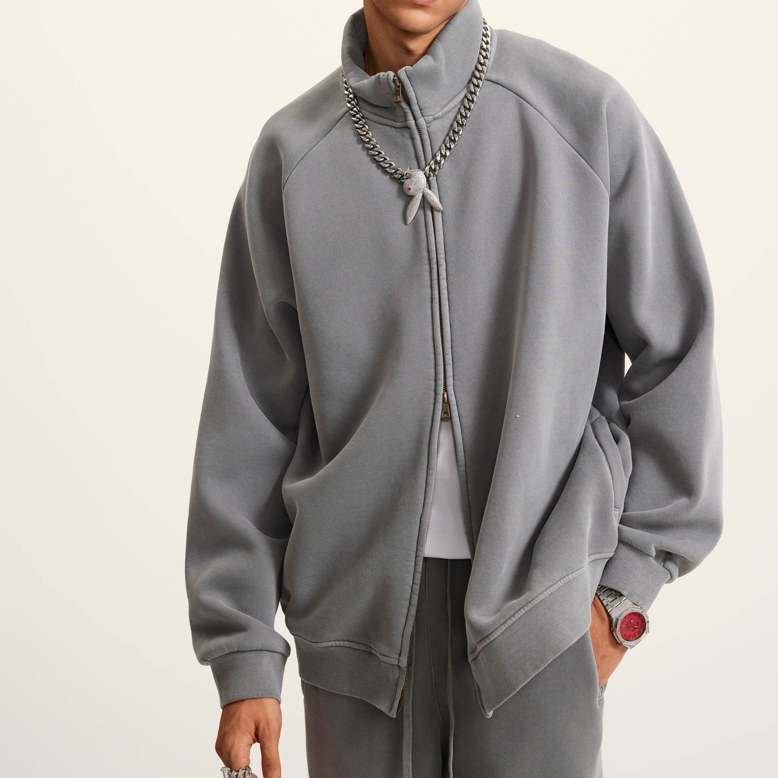high quality Heavyweight blank oversized raglan unisex men's jacket working streetwear zipper fleece lined jacket