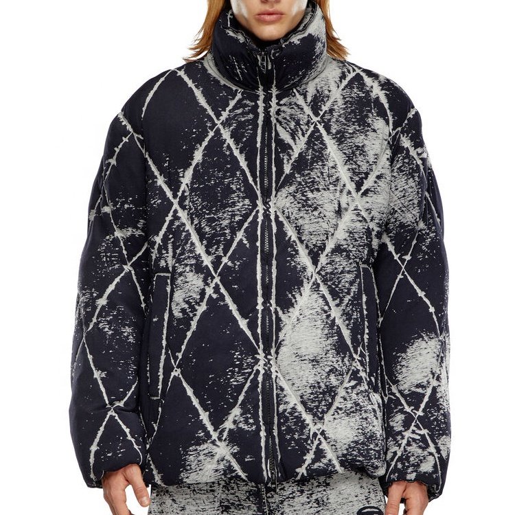 Vintage quilted men's tie-dye jersey down jacket with zipper stand collar