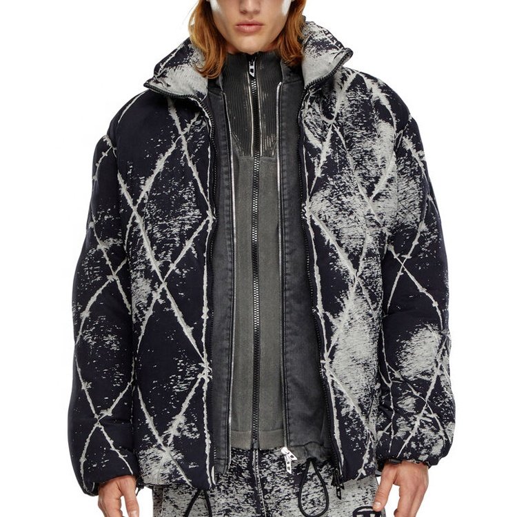 Vintage quilted men's tie-dye jersey down jacket with zipper stand collar