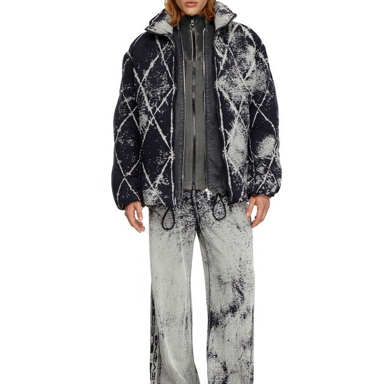 Vintage quilted men's tie-dye jersey down jacket with zipper stand collar