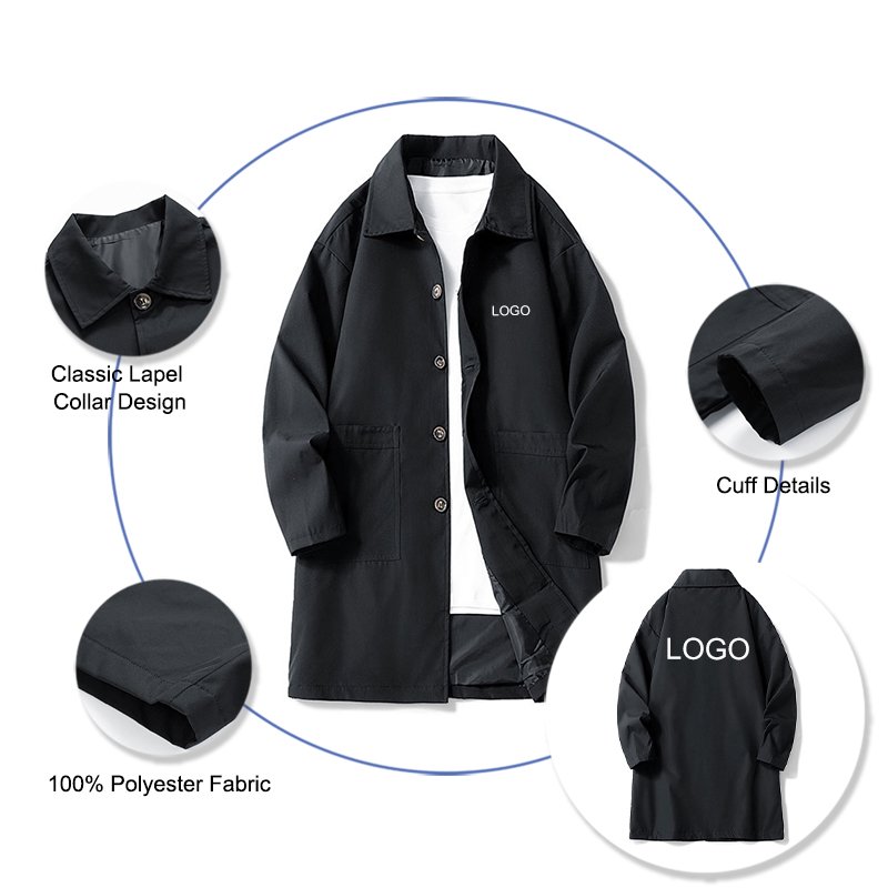 Men's Polyester Spring Jacket with Custom Logo Casual Wearing Mid-length Lapel Collar Windbreaker Jackets