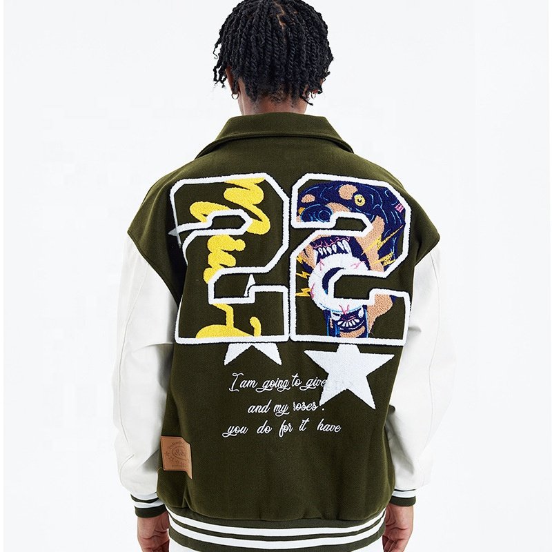 Custom Plus Size Men's Winter Crop Varsity Jacket Wool Nappa Sheep Leather Sleeves with Chenille Embroidery Letterman Style
