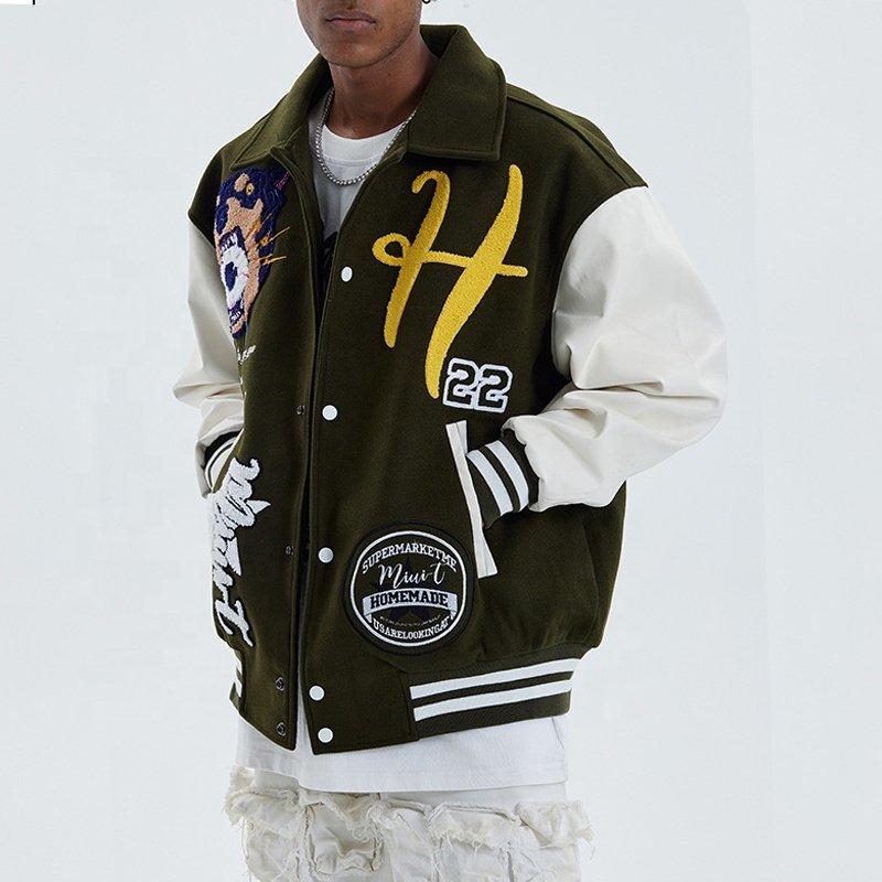 Custom Plus Size Men's Winter Crop Varsity Jacket Wool Nappa Sheep Leather Sleeves with Chenille Embroidery Letterman Style