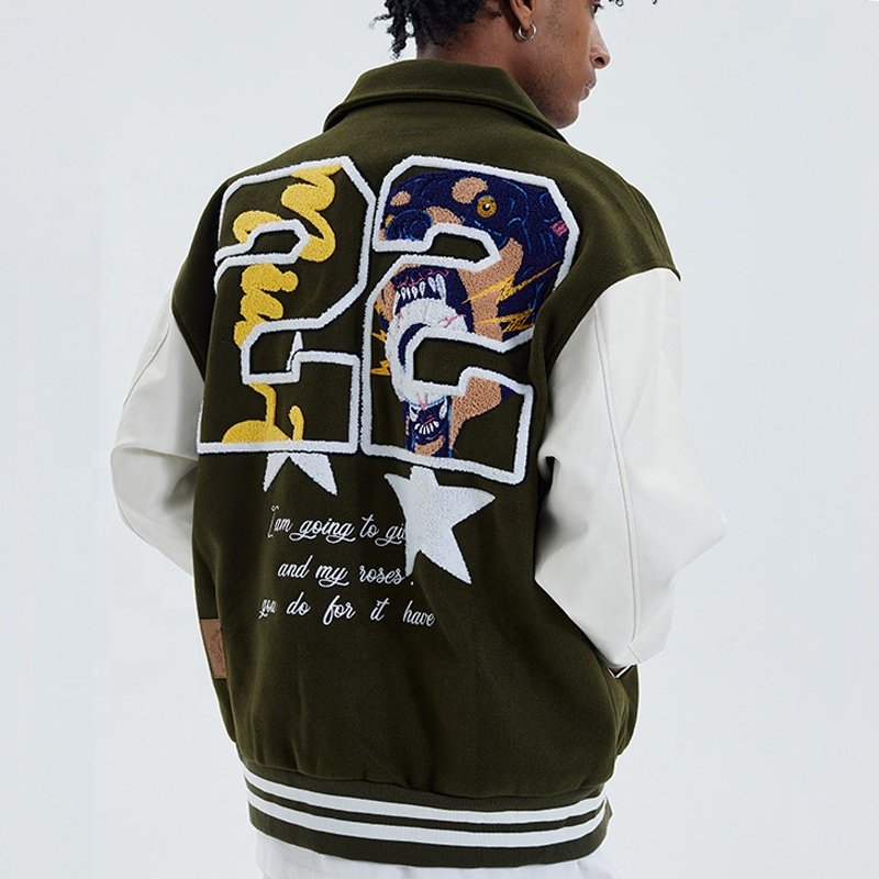 Custom Plus Size Men's Winter Crop Varsity Jacket Wool Nappa Sheep Leather Sleeves with Chenille Embroidery Letterman Style