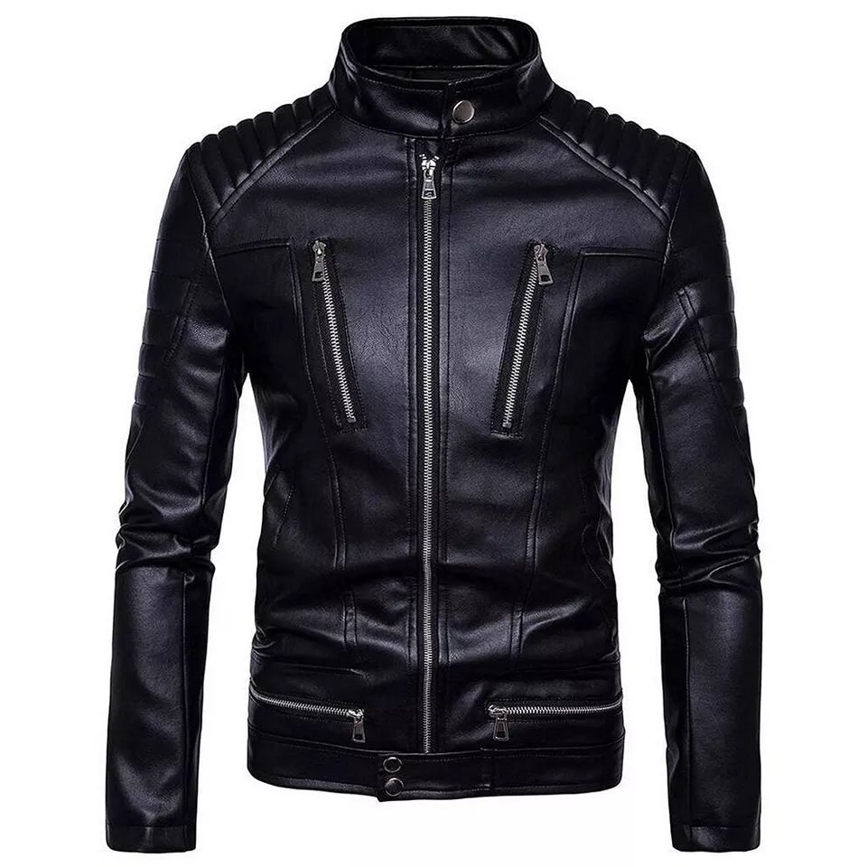 Men Fitted Leather Jacket Black Outwear Male PU Leather Coats Top Quality Motorcycle Fitted Leather Jacket For Men