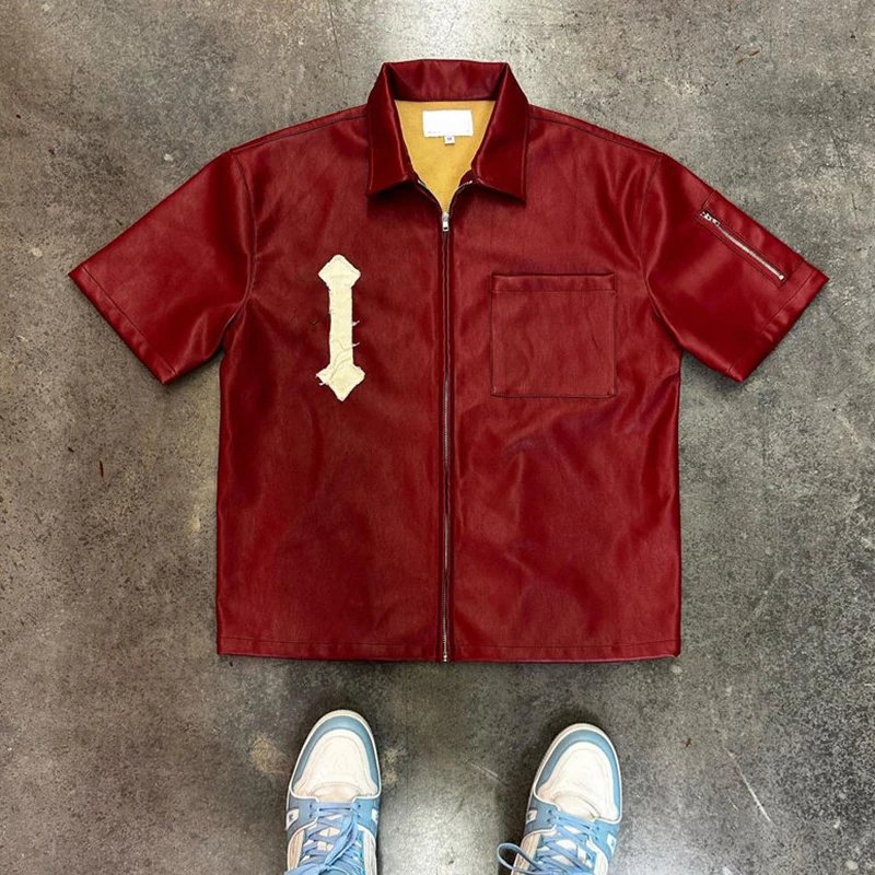 YSJY Custom distressed applique patch streetwear faux leather jacket t shirt for men