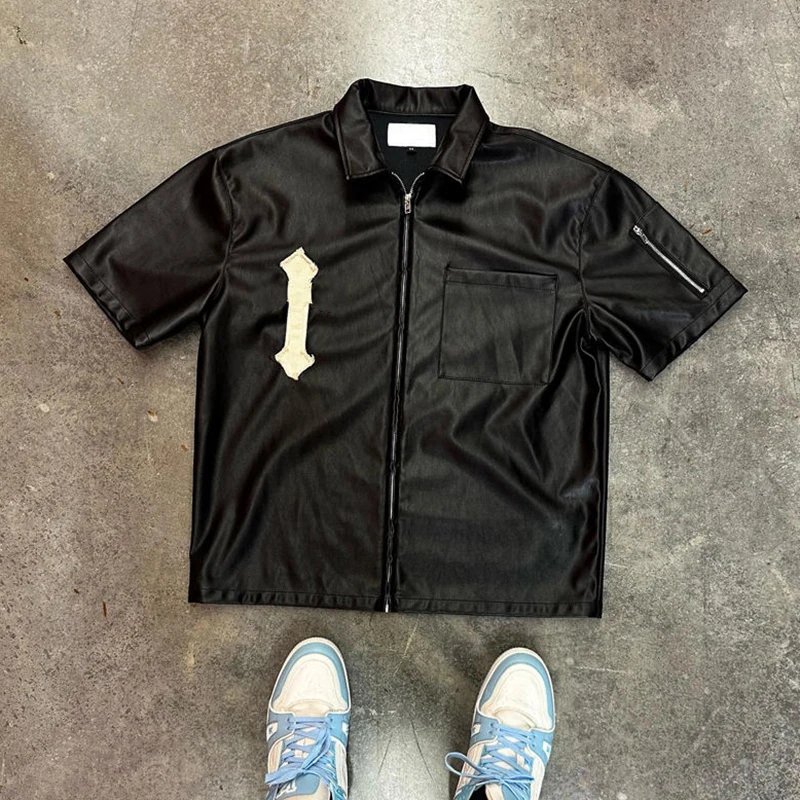 YSJY Custom distressed applique patch streetwear faux leather jacket t shirt for men