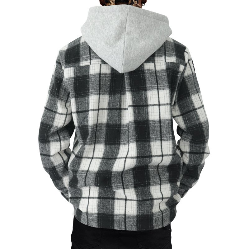 New loose casual flannel jacquard long sleeved hooded checkered shirt for autumn streetwear men's contrasting color jacket