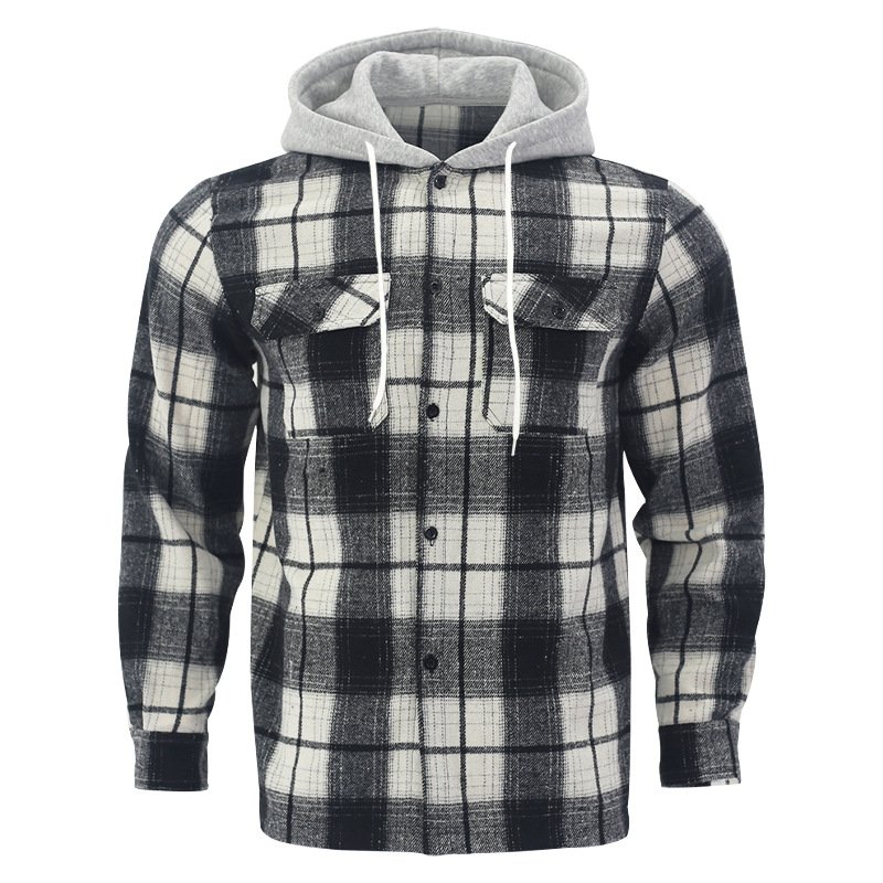 New loose casual flannel jacquard long sleeved hooded checkered shirt for autumn streetwear men's contrasting color jacket