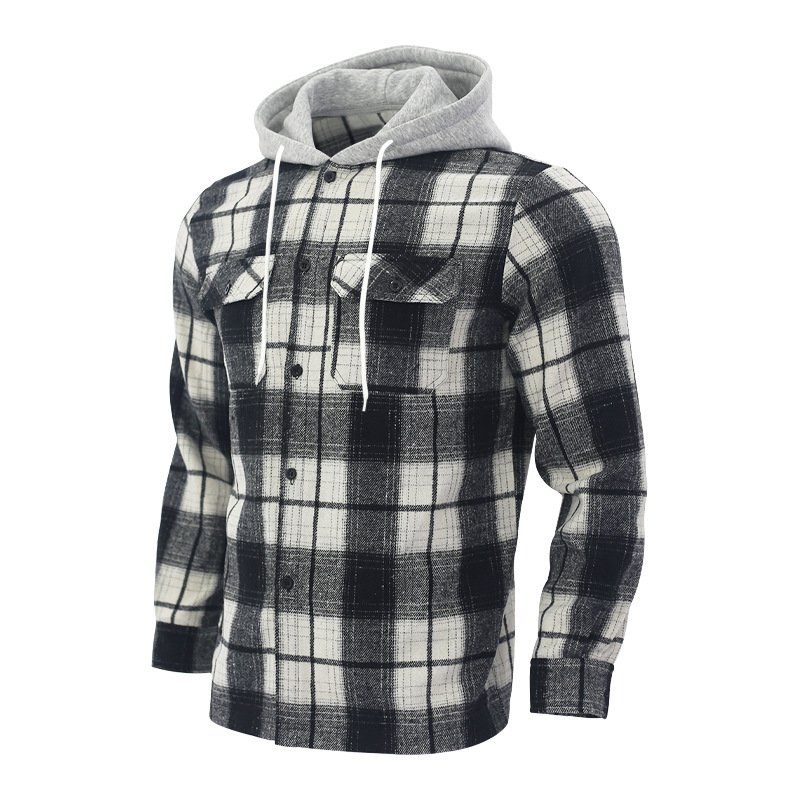 New loose casual flannel jacquard long sleeved hooded checkered shirt for autumn streetwear men's contrasting color jacket