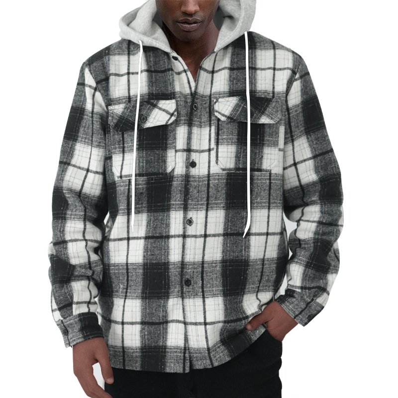 New loose casual flannel jacquard long sleeved hooded checkered shirt for autumn streetwear men's contrasting color jacket