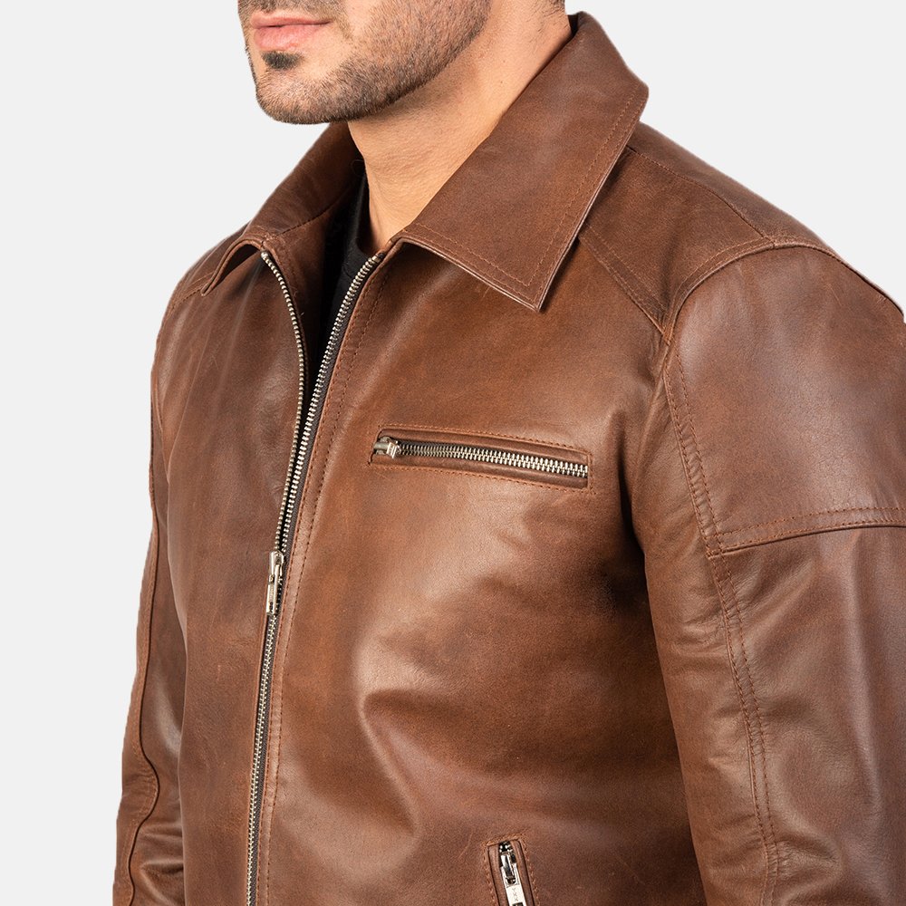 100% Genuine Brown Leather Zip-Up Men's Jacket High Quality Warm Letterman Style with Sheep Fur Light Fabric for Winter