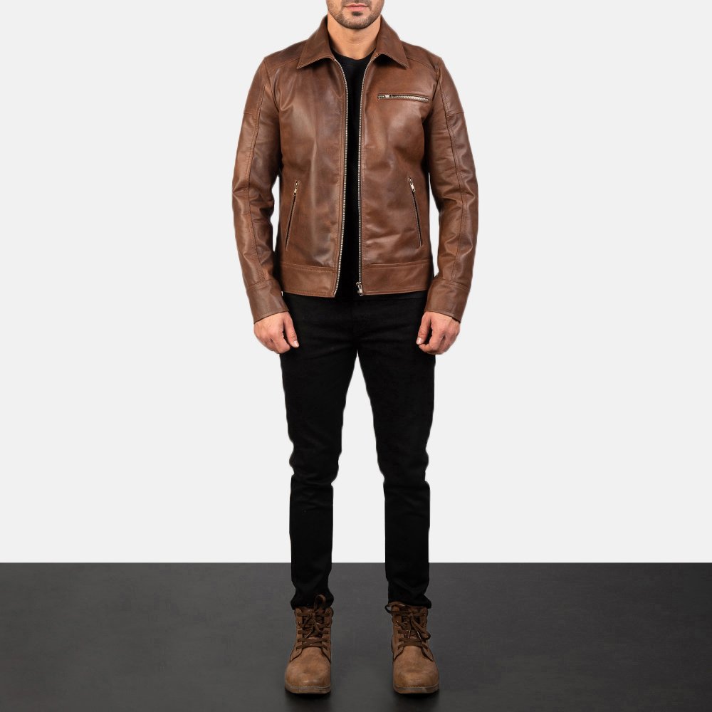 100% Genuine Brown Leather Zip-Up Men's Jacket High Quality Warm Letterman Style with Sheep Fur Light Fabric for Winter