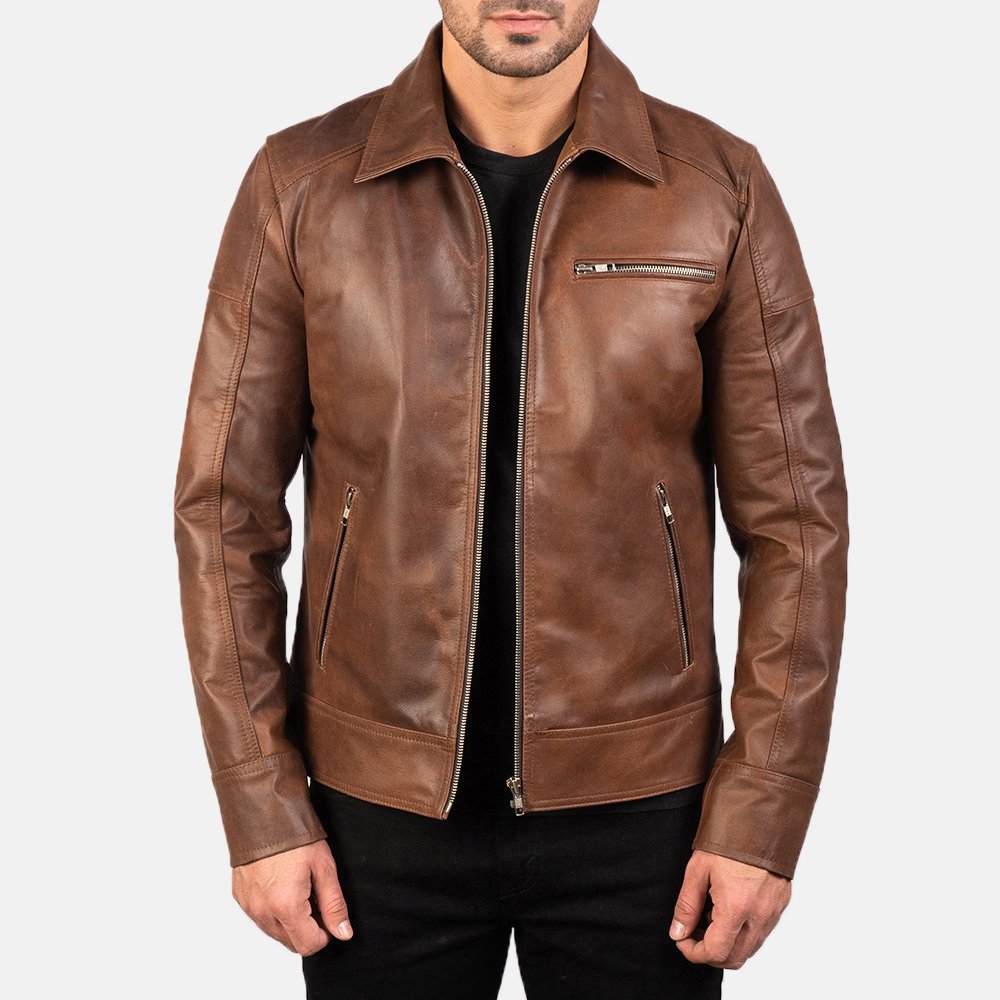 100% Genuine Brown Leather Zip-Up Men's Jacket High Quality Warm Letterman Style with Sheep Fur Light Fabric for Winter