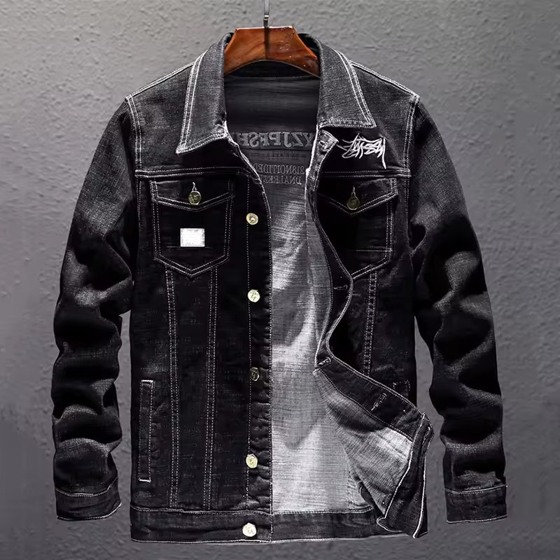Custom Men Denim Jackets Coats Cotton Jeans Stand Wash Outwear Coat Jackets Horn Button Solid Casual Denim Fabric Customized Raw