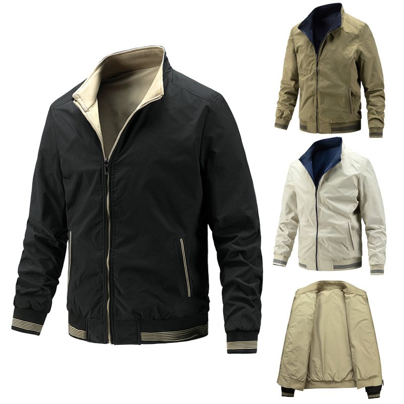 Men's casual fashion jacket Solid color reversible hooded jacket Youth men's top Large and zipper pocket jacket