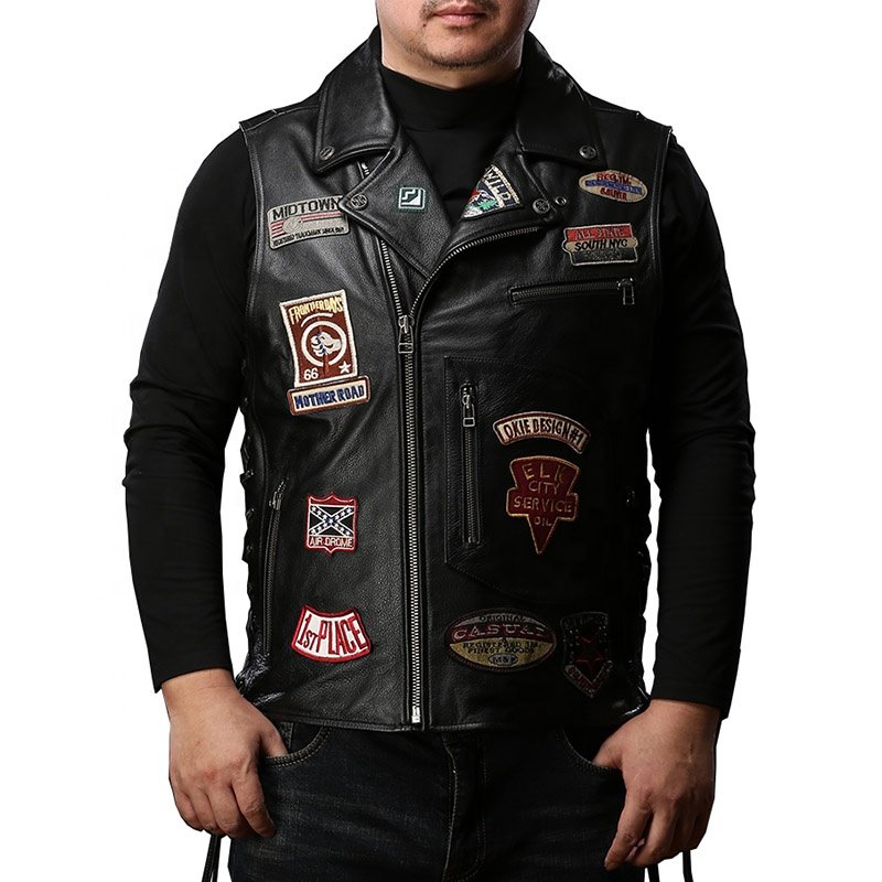 Custom lapel multi-standard pattern diagonal zipper utility 100% genuine leather waistcoat men's motorcycle cowhide vests