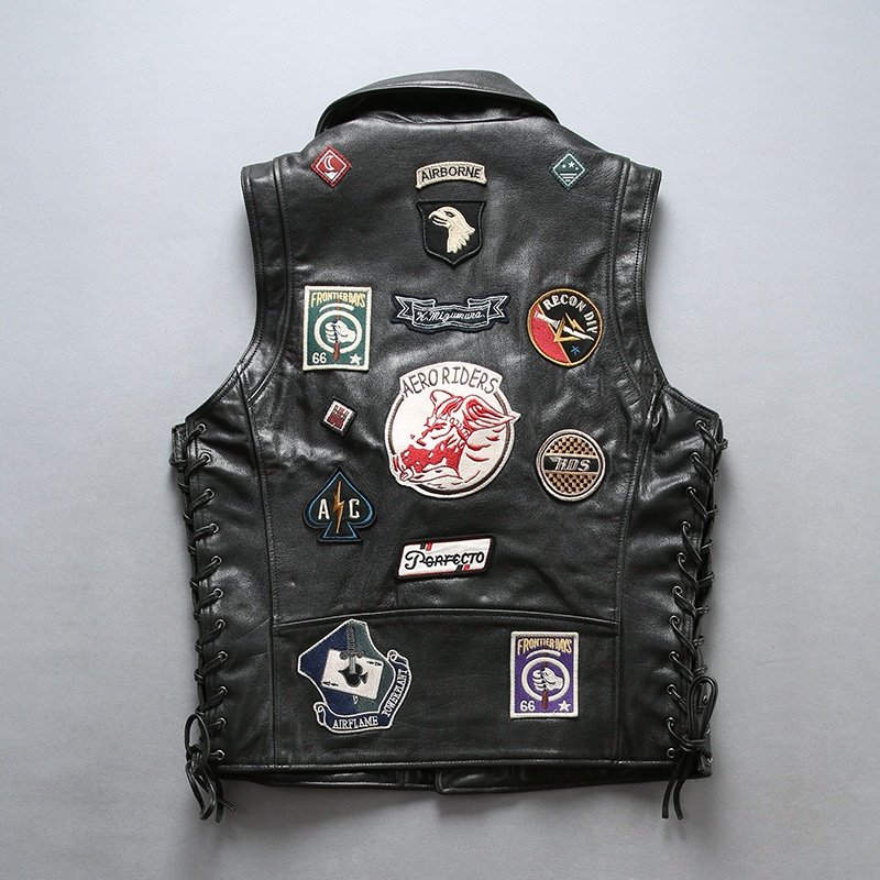 Custom lapel multi-standard pattern diagonal zipper utility 100% genuine leather waistcoat men's motorcycle cowhide vests