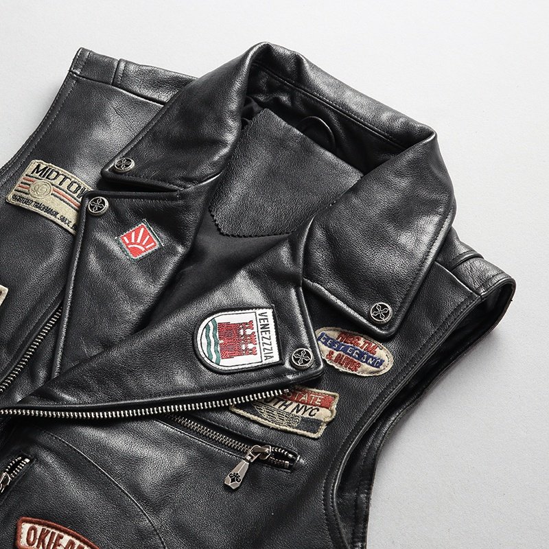 Custom lapel multi-standard pattern diagonal zipper utility 100% genuine leather waistcoat men's motorcycle cowhide vests