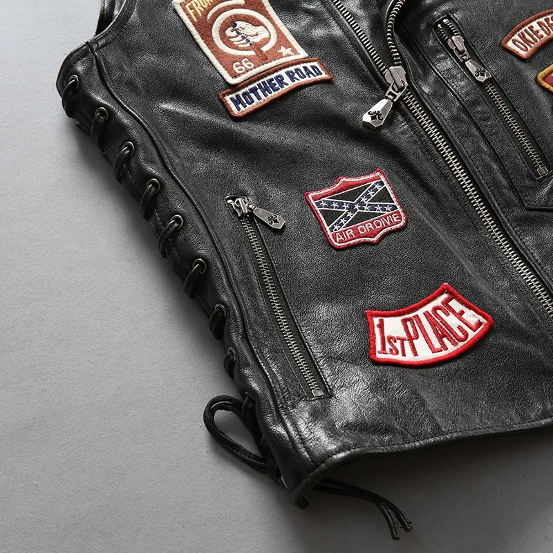 Custom lapel multi-standard pattern diagonal zipper utility 100% genuine leather waistcoat men's motorcycle cowhide vests