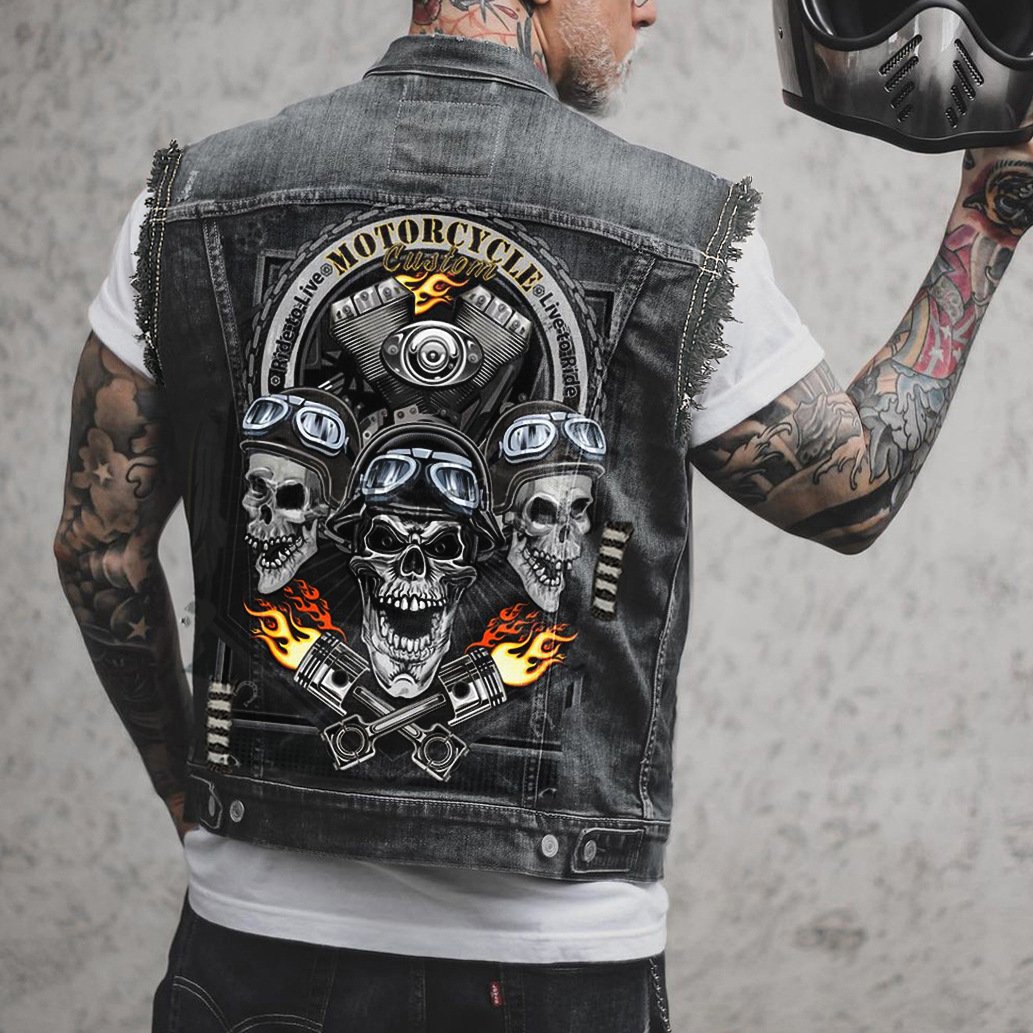 Men's Punk Casual Denim Vest Sleeveless Fashion Jacket Print Urban Streetwear Spring Summer Motorcycle Club biker Denim Vest