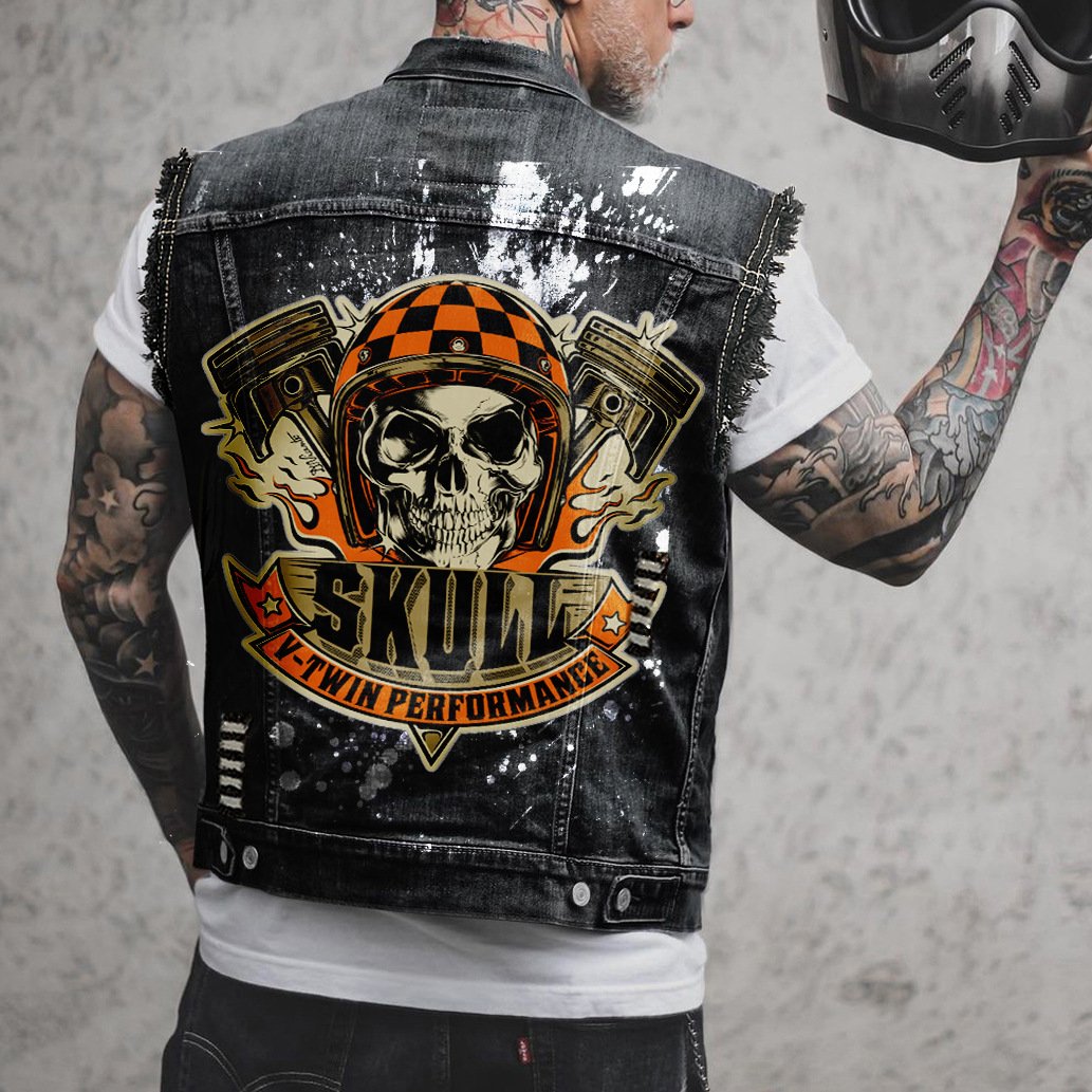Men's Punk Casual Denim Vest Sleeveless Fashion Jacket Print Urban Streetwear Spring Summer Motorcycle Club biker Denim Vest